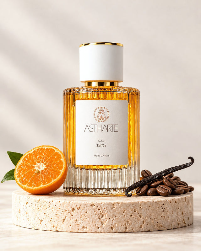 Parfum Zafféa Astharte 100 ml pe piatră de travertin, cu mandarină, boabe de cafea și păstaie de vanilie