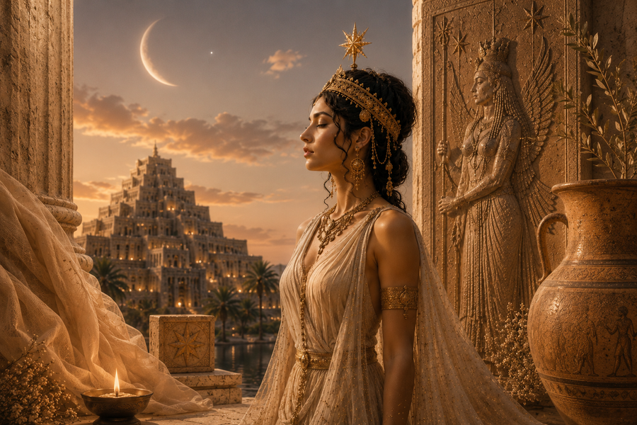 Ištar, inspirația din spatele universului Astharte, într-un peisaj mesopotamian nocturn.