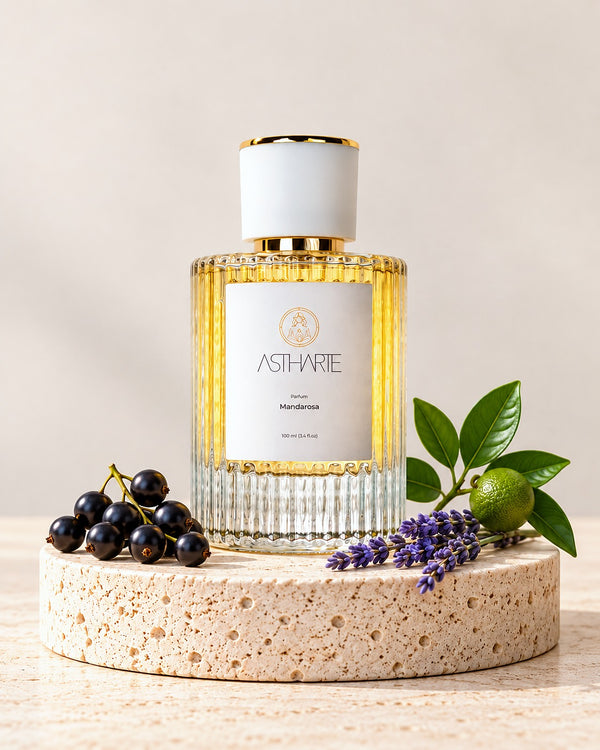 Parfum Mandarosa Astharte 100 ml pe piatră de travertin, cu coacăze negre, lavandă și crenguță de portocal amar