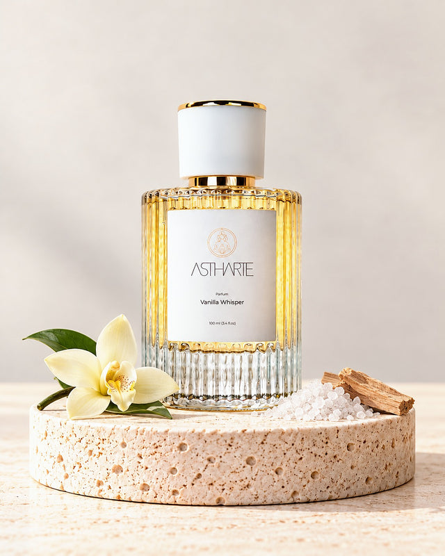 Parfum Vanilla Whisper Astharte 100 ml pe piatră de travertin, cu floare de vanilie, sare de mare și lemn de santal